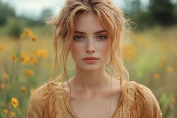 Fototapeta premium Beautiful young woman with blonde hair and blue eyes in a field of flowers
