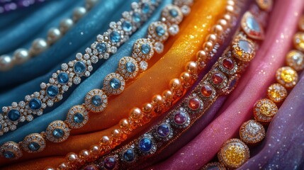 Fototapeta premium Close-up of colorful fabric with sparkling jewels.