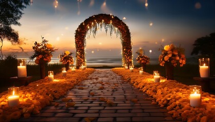 A candlelit walkway adorned with marigold petals leads to a beautiful dusk beach setting. Generative AI