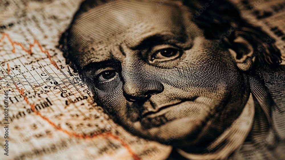 Poster macro view of money printing in action juxtaposed with an inflation trend graph