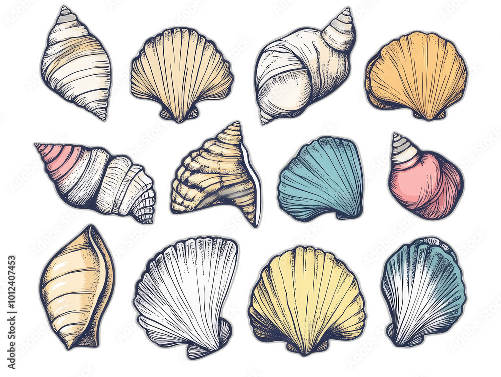 Poster seashell serenity: minimalistic graphic poster design with playful color palette and black outlines 