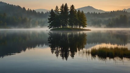 Misty Morning Reflection on a Tranquil Lake