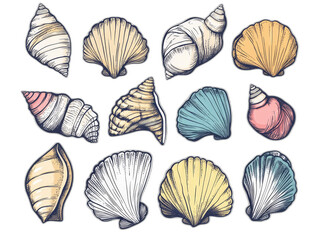 Seashell Serenity: Minimalistic Graphic Poster Design with Playful Color Palette and Black Outlines on White Background