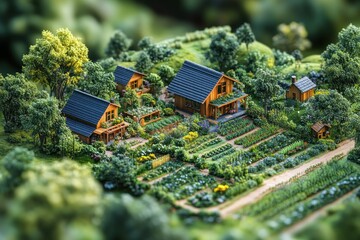 Miniature model of a sustainable village with houses, gardens, and a dirt road.