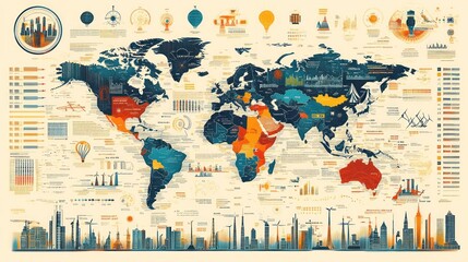 A detailed infographic map of the world with various statistical data and graphics representing global trends and economic activity.