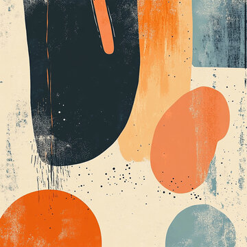 abstract geometric shapes in blue, orange and green on a pale yellow background | Poster | Background | Backdrop | Print |