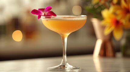A refreshing cocktail in a coupe glass, garnished with an orchid flower, on a bar counter.