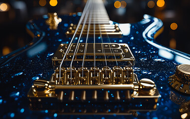 Close-Up of Gold-Plated Guitar Bridge and Strings in Warm Light