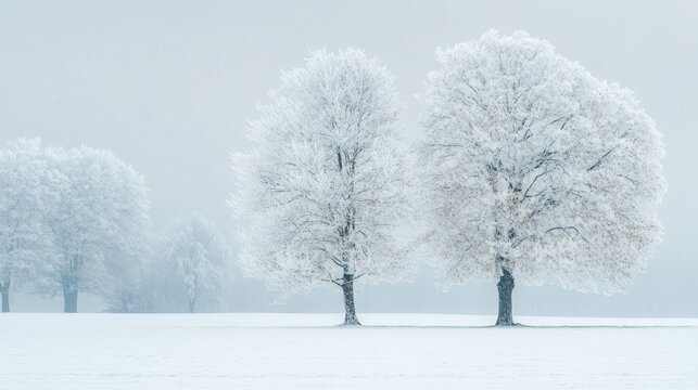 A captivating real-life photo capturing the essence of the first day of winter, showcasing a serene snowy landscape with bare trees and frost-covered ground, providing ample space for adding seasonal 