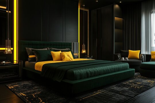 luxury dark green bed in futuristic hotel room with sleek furniture featuring black and yellow palette and elegant lamps 