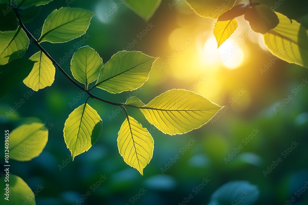 Poster sunlight shining through green leaves of a tree branch in a forest. beautiful nature background for 