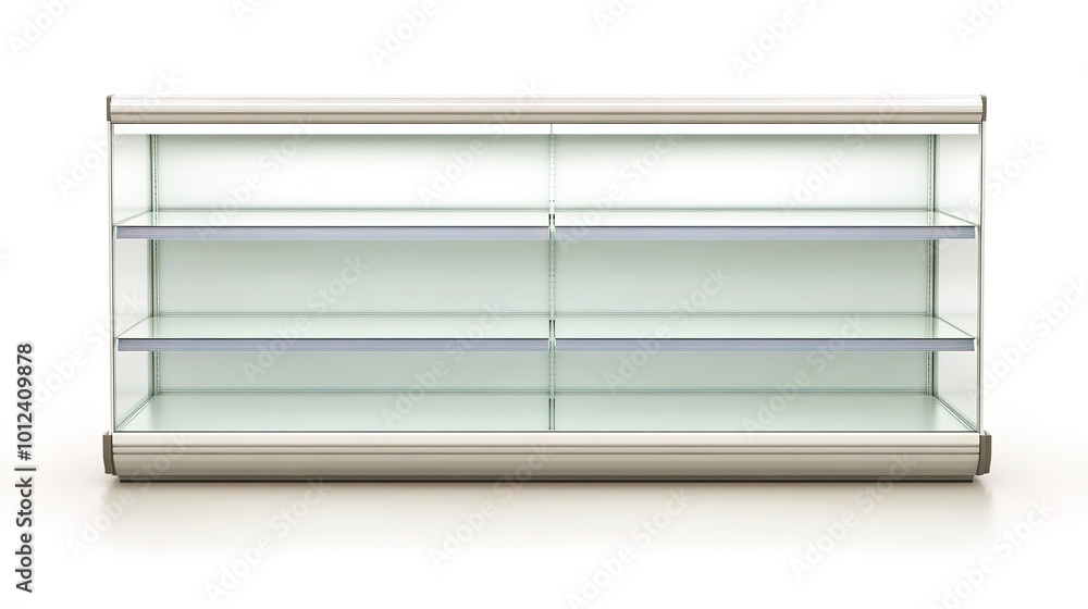 Poster front facing, photorealistic style image of a empty supermarket shelf facing the viewer, grocery emp