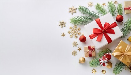 Stylish holiday presents wrapped in red and gold on a minimalist white Christmas backdrop. Generative AI