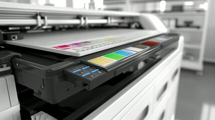 Close-up of a Modern White Printer with Color Ink Cartridges