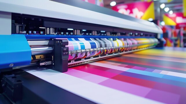 Large format printer with colorful ink cartridges and printed paper