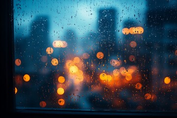 Rainy night cityscape seen through a window with raindrops on the glass