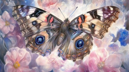 Fototapeta premium Fisheye colorful butterfly on flowers fine oil paints 