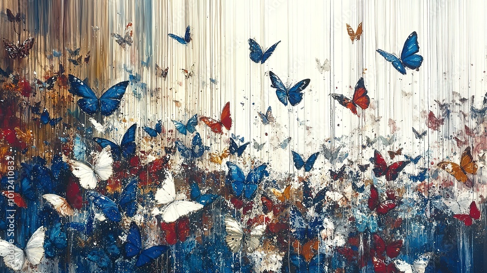 Poster explosion of color featuring vibrant butterflies in flight. dynamic brushstrokes in blues, reds, and