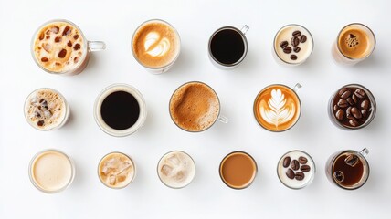 Obraz premium Assorted coffees on white background, including foam art latte, iced coffee with ice cubes, dark espresso, hyper realistic, top view 