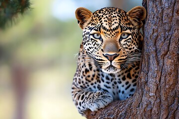 Naklejka premium Hyper-realistic image of a leopard resting in a tree, with the texture of its fur and the rough bark of the tree captured in lifelike precision, symbolizing the animalâ€™s stealth and strength