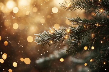 Close-Up of a Beautifully Decorated Christmas Tree Branch with Lights and Snow
