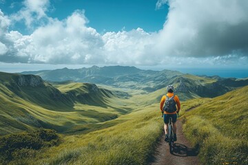 Obraz premium A lone cyclist enjoys the view from a mountaintop overlooking a vast green valley and ocean.