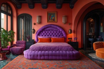 A luxurious bedroom with a large purple bed, orange throw pillows, and a colorful rug.