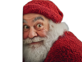Cheerful Santa Claus Peeking Behind White Wall for Christmas Advertisement
