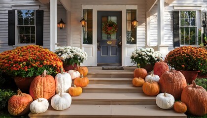 A charming autumn display featuring vibrant orange and white pumpkins adorning a welcoming front porch in fall. Generative AI