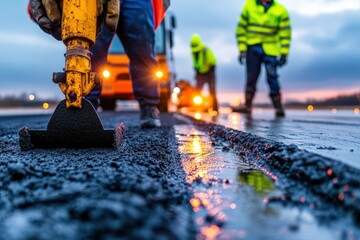 Construction workers using equipment to pave an airport runway in evening light, showcasing teamwork and precision in creating a smooth, new surface for airplanes.