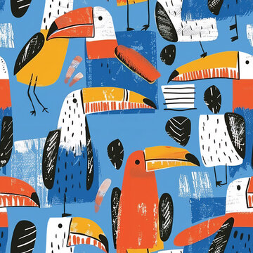 Seamless pattern with colorful birds in neon hues on blue background. Bright colors and expressive brush strokes print. Modern pop art twist Illustration