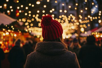 Obraz premium Festive Holiday Market with Bokeh Lights and Woman in Red Hat