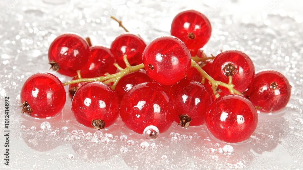 Poster a handful of red currants splashing in water, the droplets sparkling around the fruit, creating a sc