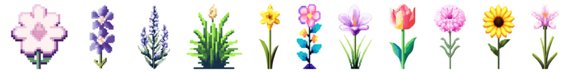 Obraz premium Pixel art vibrant spring flower png cut out element set