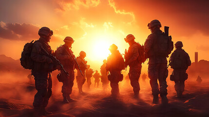 Soldiers Stand Silhouetted Against a Desert Sunset