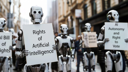 A group of robots walked down the busy street, holding signs that said 'Rights of Artificial Intelligence,' asking people to pay attention and give them fair treatment