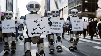 A group of robots walked down the busy street, holding signs that said 'Rights of Artificial Intelligence,' asking people to pay attention and give them fair treatment