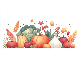 Minimalist Autumn Harvest Set in Paper Cut Style - Flat Vector Illustration with Pumpkins, Apples, Squash, Cabbage, Vegetables on White Background
