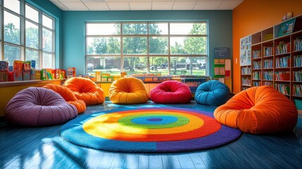 A colorful and inviting reading nook in a library, featuring a rainbow rug, beanbag chairs and large windows.