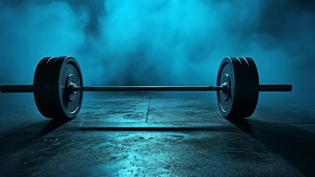 Barbell with weights on gym floor in dim blue lighting, fitness and strength training concept