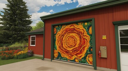 A modern garage door with a unique artistic design, adding a bold architectural statement to the home exterior, blending art with functionality.