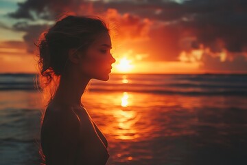 Fototapeta premium Silhouette of woman standing on beach at sunset, ocean view, warm light, orange and red sky