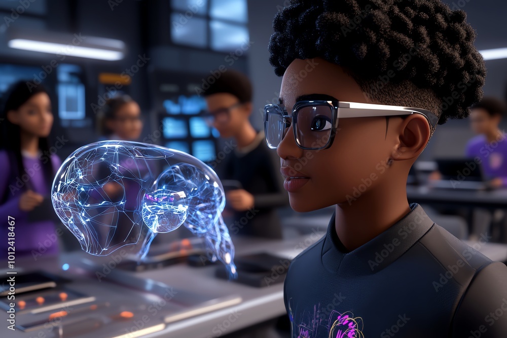 Poster interactive 3d digital scene of a futuristic classroom, where users can explore the high-tech tools 