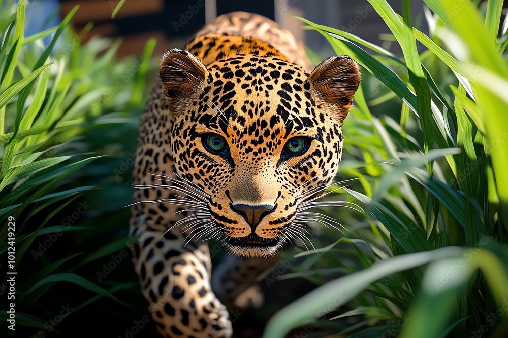 Poster Interactive 3D digital scene of a leopard stalking through tall grass, where users can explore the environment and observe the leopardâ€™s stealthy movements in real time