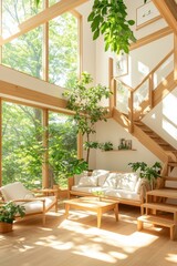 Fototapeta premium Serene EcoMinimalist Interior Design Illustration Featuring Natural Materials and a Clean Flat Layout for Sustainable Living Inspiration