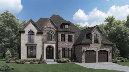 A newly built luxury home with a grand entrance, large windows, and an expansive green lawn, creating a perfect blend of modern style and outdoor beauty.