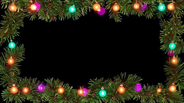 Christmas garland made of pine branches and colorful lights framing a dark background, creating a festive holiday border