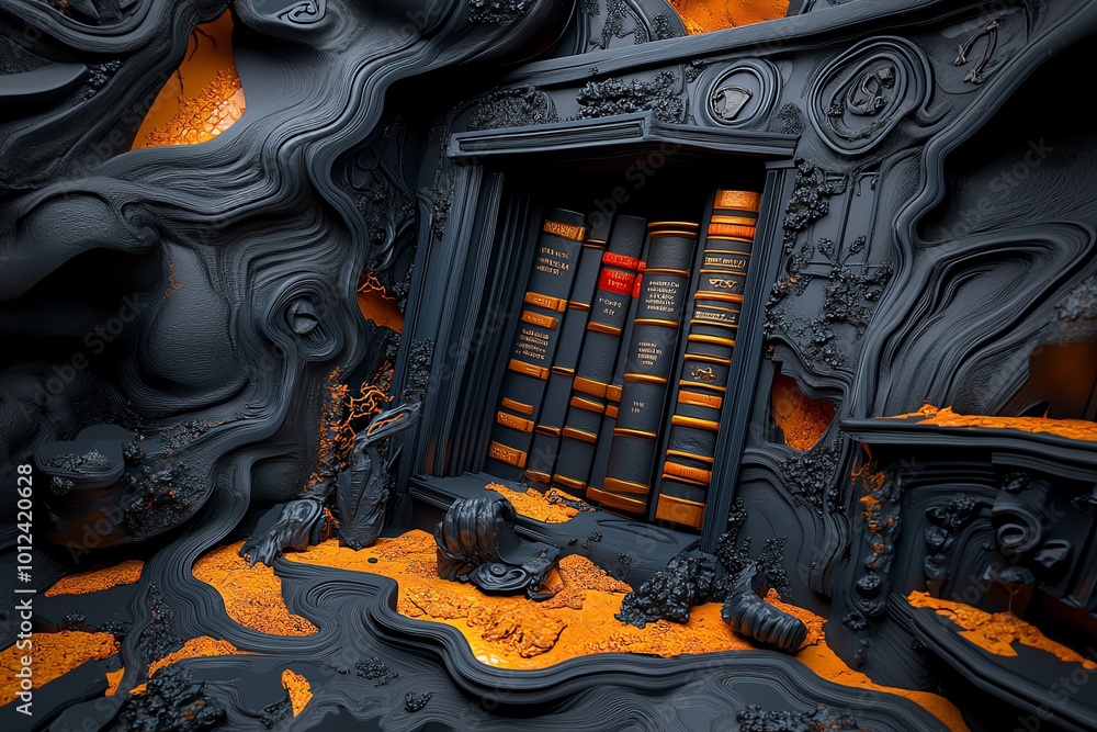 Poster interactive 3d digital scene of a philosopherâ€™s study filled with decaying books, where users can 