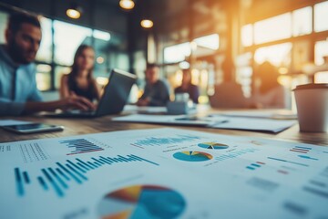 A small team collaborating on Project A in a modern office setting while analyzing data reports and charts in the afternoon