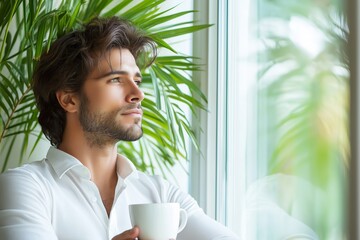 A young man enjoying a serene coffee break while contemplating life by a large window surrounded by lush green plants in a calm indoor space